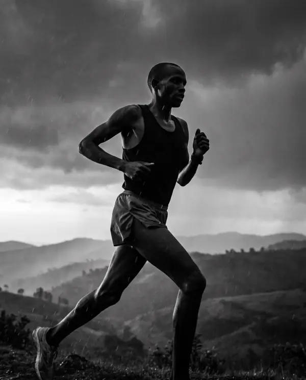 Black-and-white photo of a distance runner mid-stride on a hilltop under a storm sky