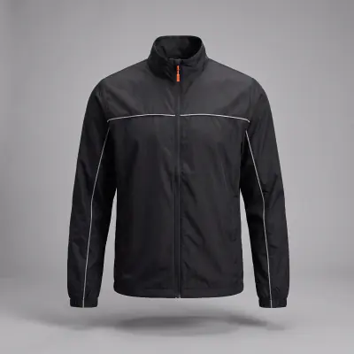 Umurabyo Track Jacket in black with reflective piping and an orange zip pull